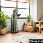Home 21 놀이치료사 워라밸 Work Life Balance 유지하기 - A professional Arab play therapist in a modern, sunlit therapy room decorated with calming earth ton...