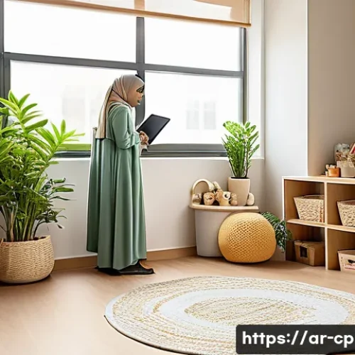 Home 33 놀이치료사 워라밸 Work Life Balance 유지하기 - A professional Arab play therapist in a modern, sunlit therapy room decorated with calming earth ton...