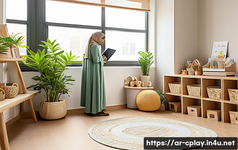 놀이치료사 워라밸 Work Life Balance  유지하기 - A professional Arab play therapist in a modern, sunlit therapy room decorated with calming earth ton...