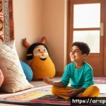Home 20 놀이치료사로서의 실습 경험 공유 - A warm and inviting therapy room in a Middle Eastern setting, showing a young Arab child wearing com...