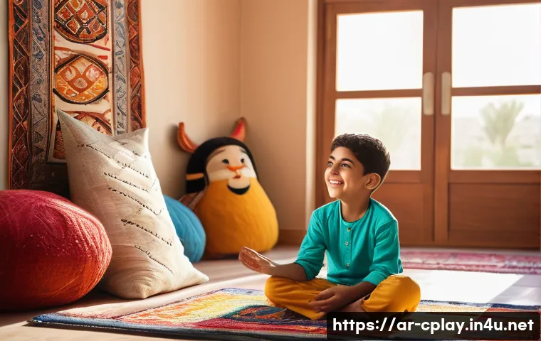 놀이치료사로서의 실습 경험 공유 - A warm and inviting therapy room in a Middle Eastern setting, showing a young Arab child wearing com...