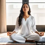 Home 19 놀이치료사로서 스트레스 관리법 - A serene Middle Eastern woman practicing mindfulness meditation in a modern, sunlit room adorned wit...