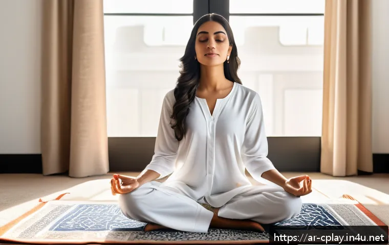 놀이치료사로서 스트레스 관리법 - A serene Middle Eastern woman practicing mindfulness meditation in a modern, sunlit room adorned wit...