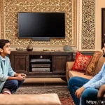 Home 18 놀이치료사로서 논문 작성 경험 - A detailed scene depicting a modern Arabic family living room in a Middle Eastern home, with a teena...