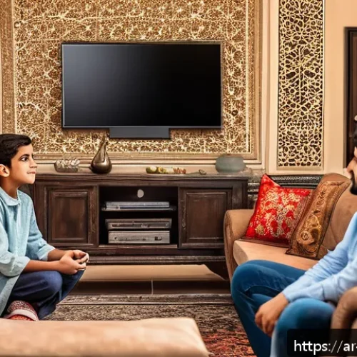 Home 30 놀이치료사로서 논문 작성 경험 - A detailed scene depicting a modern Arabic family living room in a Middle Eastern home, with a teena...