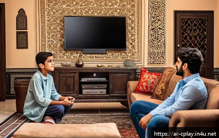 놀이치료사로서 논문 작성 경험 - A detailed scene depicting a modern Arabic family living room in a Middle Eastern home, with a teena...