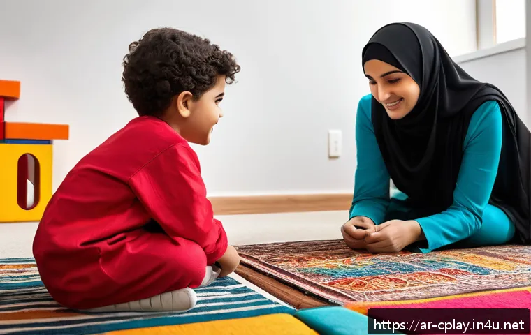 놀이치료사 필수 중점 과목 - A warm and inviting therapy room designed for emotional connection between a Middle Eastern child an...