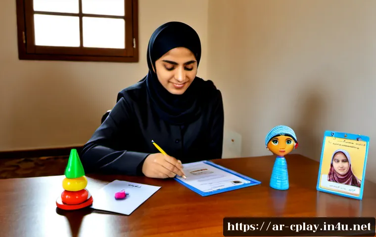 놀이치료사 국제 자격증 취득법 - Photorealistic scene of an Arab female play therapist in modest professional attire attending an int...