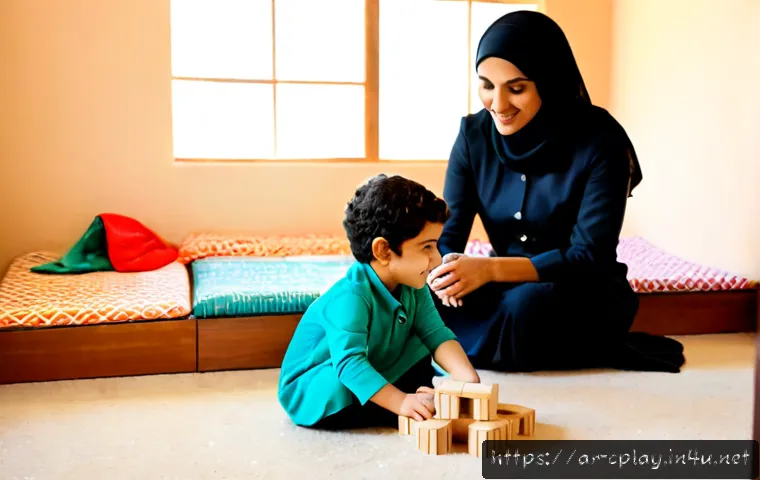 놀이치료에서의 창의적 놀이 방법 - Photorealistic child-centered play therapy session in a warm Arabic family counseling room, a compas...