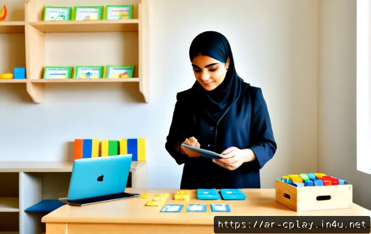 놀이치료 관련 사례 발표 준비법 - Photorealistic child play therapy case presentation preparation in a calm Arabic-speaking clinic off...